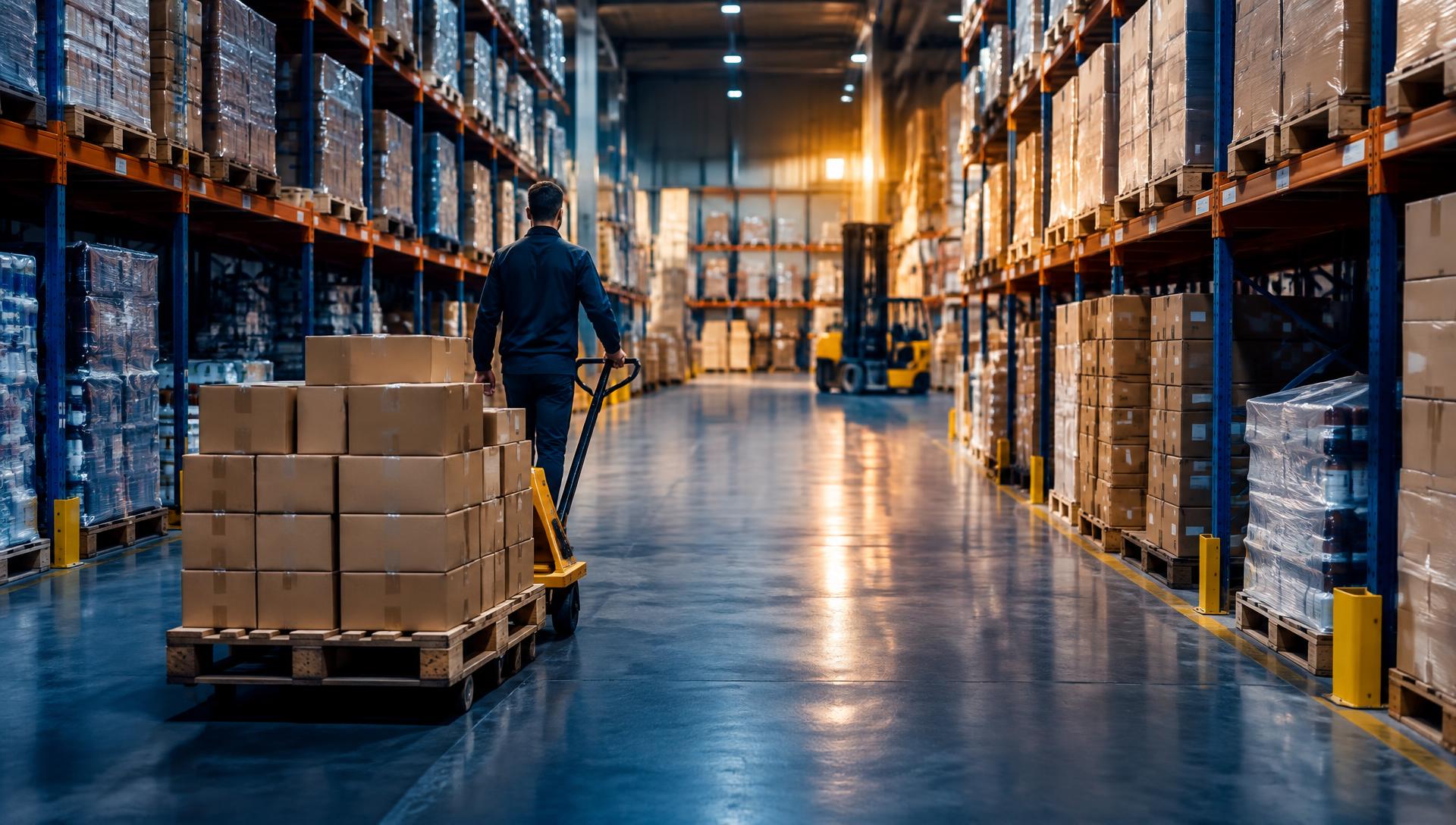 Wholesale warehouse aisle with stocked shelving